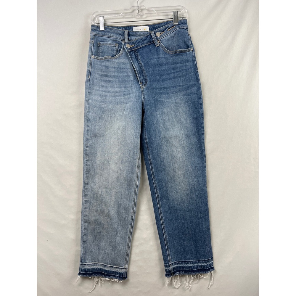 Risen Jeans Straight Leg Juniors 7/28 Blue Two Tone Crossover Asymmetrical Fly